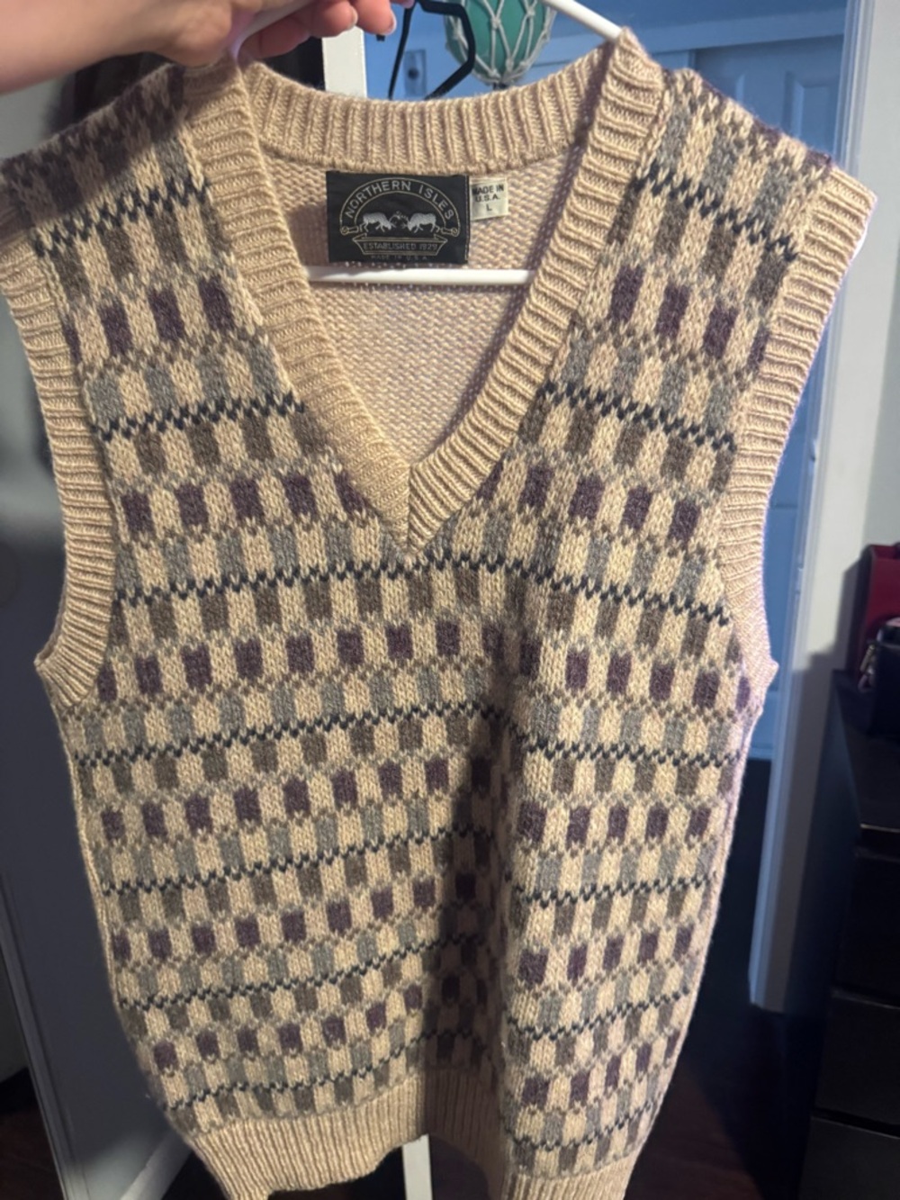 Northern Isle Beige V-Neck Sweater Vest with Pattern